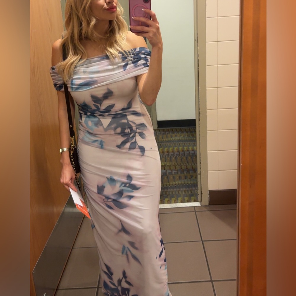 Abercrombie & Fitch Off-Shoulder Floral Strapless Maxi Dress in White and Blue
